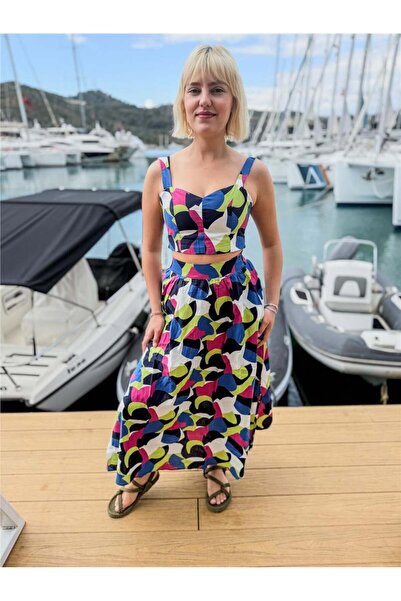 Miss Boheme Navy Blue Patterned Skirt Crop Set