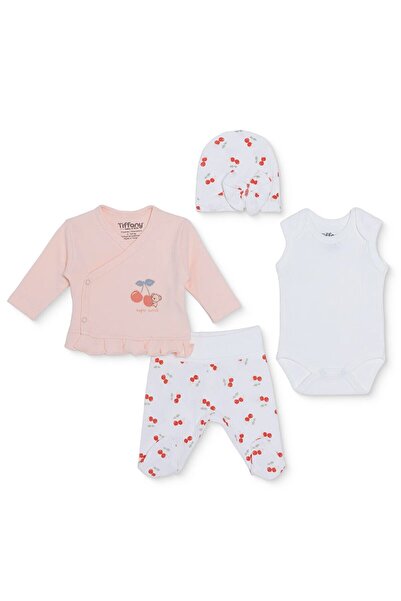 Tiffany Kız Bebek Prematüre Set Kiraz Baskılı Çıtçıtlı Zarf Yaka Uzun Kol Pat...