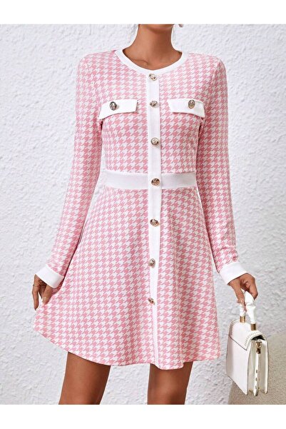 Iuliashop Rochie Scurta Radha Roz Cu Imprimeu Geometric Alb - M