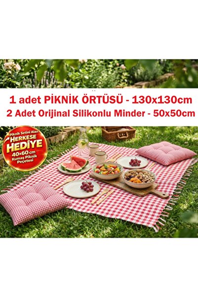 serelya Kırmızı Kareli Piknik Seti 130x130 cm Orjinal Silikon Minderli Piknik...