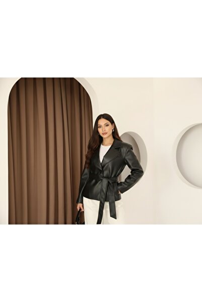 PRİFALDİ سترة جلدية سوداء بأزرار وحزام مزدوج الصدر