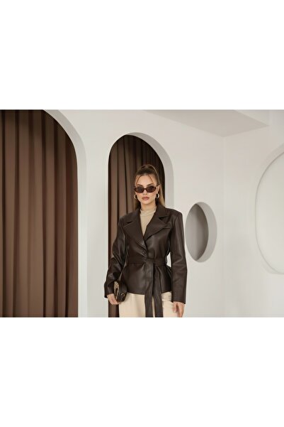 PRİFALDİ Διπλό κουμπωτό δερμάτινο μπουφάν με ζώνη σε ΚΑΦΕ χρώμα