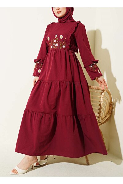 Lavanta Tekstil Collar Ruffled Embroidered Poplin Dress