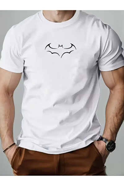 LİNA06 Men'S Casual Black T-Shirt with White Bat Graphic - Short Sleeve, Roun...