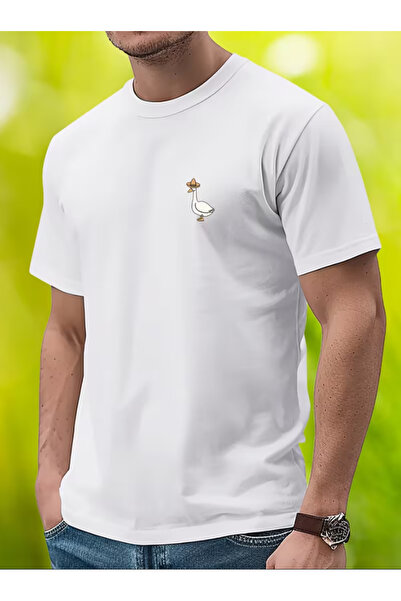 LİNA06 Hat-Wearing Goose Cotton Men's Short Sleeve Printed T-Shirt
