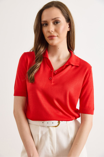 Olalook Γυναικεία κόκκινη μπλούζα με λαιμόκοψη πόλο από βισκόζη Mercerized BL...