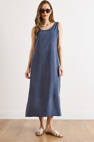 Olalook Women's Indigo Modal Side Zipper Maxi Flowy Dress Elb-19002621