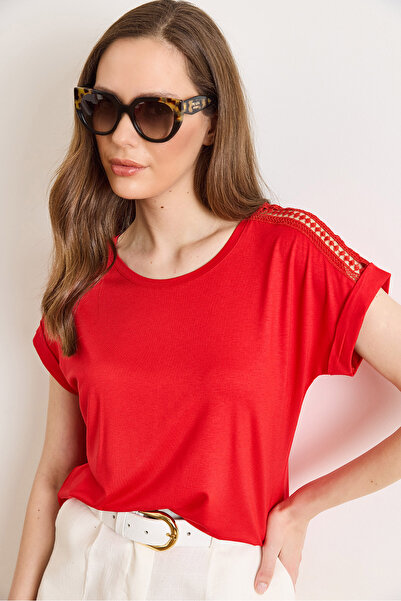 Olalook Γυναικεία Κόκκινη Πλεκτή Βισκόζινη Μπλούζα με Λεπτομέρεια Γκουπέρ στο...