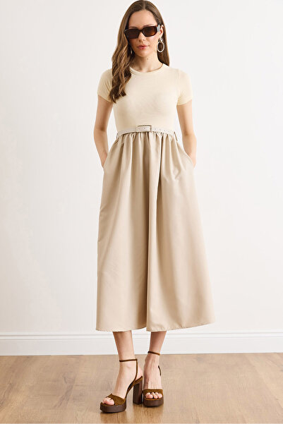 Olalook Γυναικείο Φόρεμα Μίντι με Ζώνη και Τσέπες σε Μπεζ Απόχρωση ELB-19002624