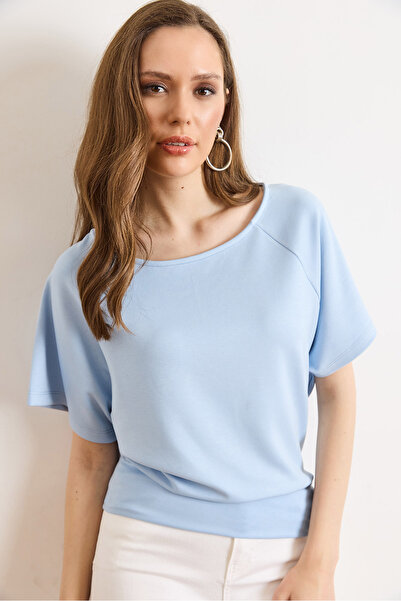Olalook Women's Baby Blue Belted Batwing Flowy Blouse Blz-19003291