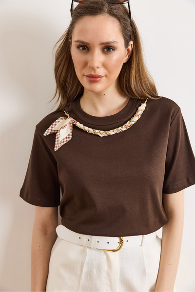 Olalook Women's Brown Scarf Chain Decorated Buckle Cotton Blouse Blz-19003286