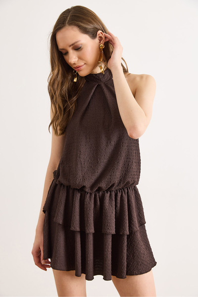 Olalook Women's Bitter Brown Neck Tie Lined Mini Dress Elb-19002625