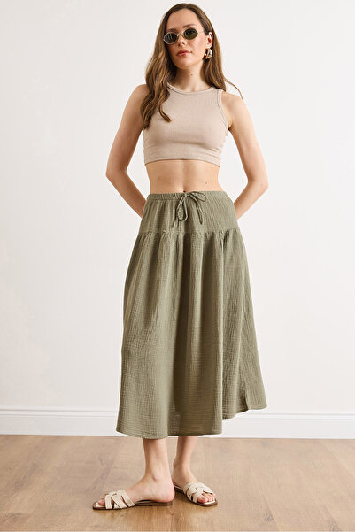 Olalook Γυναικεία Χακί Φούστα Μουσελίνα με Ελαστική Μέση και Λεπτομέρεια Ραφή...