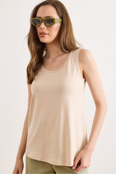 Olalook Women's Beige Front and Back U-Strap Bell Viscose Blouse Blz-19003066