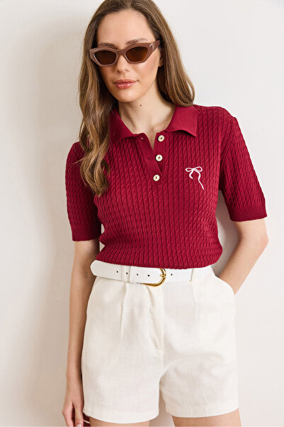 Olalook Γυναικεία μπλούζα πλεκτή με κέντημα φιόγκου σε μπορντό χρώμα και λαιμ...