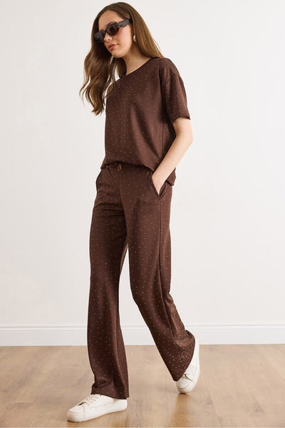 Olalook Women's Brown Sequin Detailed Modal Buttoned Top and Bottom Set Tkm-1...