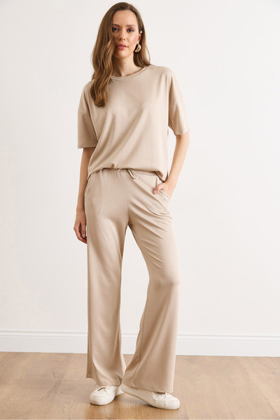 Olalook Women's Stone Crew Neck Top and Bottom Set with Viscose Content Tkm-1...