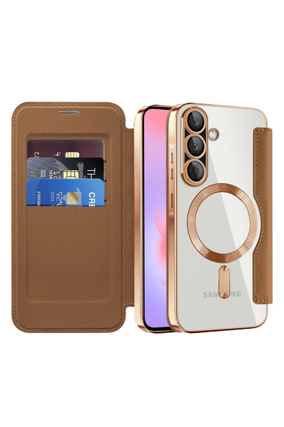 DAMUR Husă Flip MagSafe Samsung Galaxy A37 5G, Slot Card RFID, Tip Carte, Maro