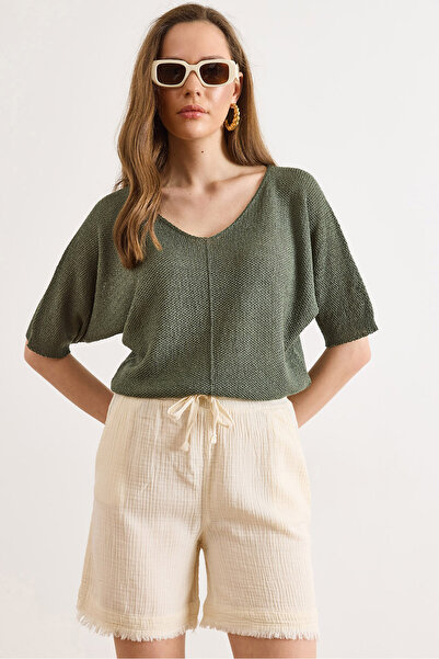 Olalook Γυναικείο σορτς μουσελίνας με πέτρινη μέση, ελαστικές τσέπες και χαρα...