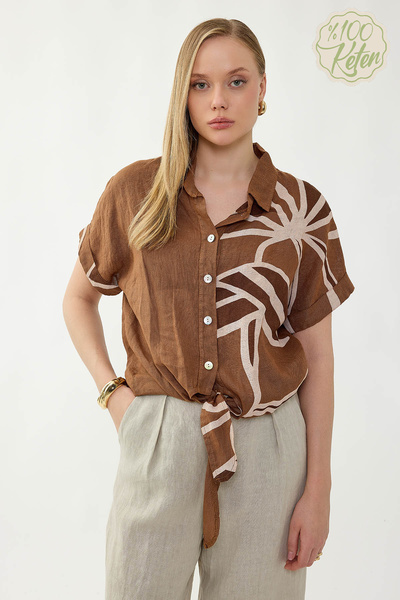 Vitrin 100% Linen Tie-Front Single-Sided Floral Pattern Short Sleeve Shirt