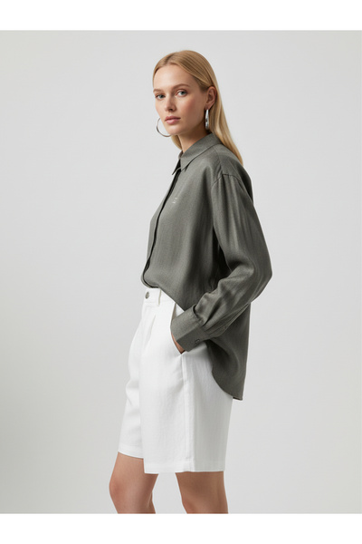 Xint Kadın Haki %100 Keten Oversize Gömlek