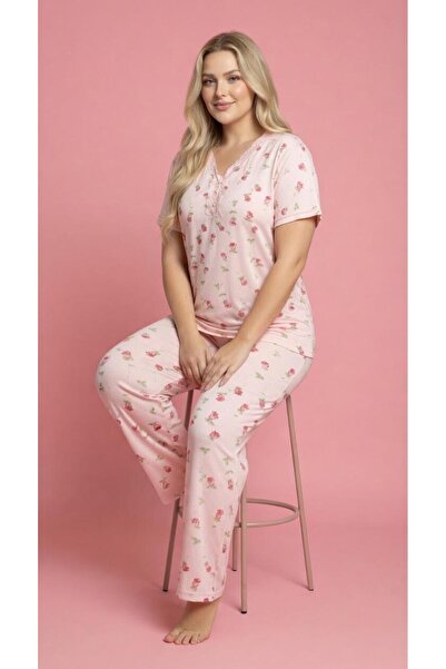 Elit Women's Mom Plus Size Patterned Collared Buttoned Short Sleeve Combed Co...