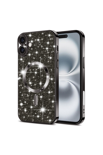 Stef's Cat Θήκη iPhone 16, Γάτα της Στεφ, Πολυτελής με Γκλίτερ MagSafe, Μαύρο