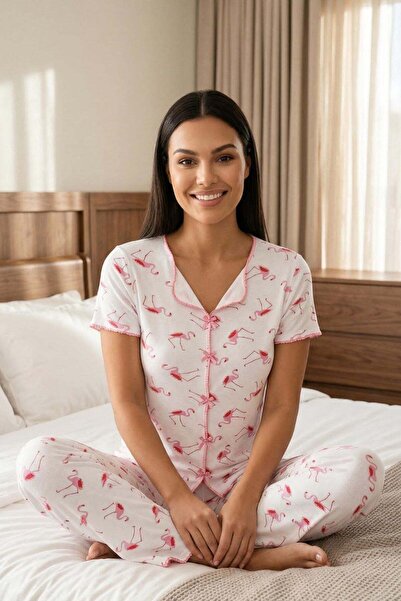 C&City Σετ πιτζάμες με φιόγκο και μαλακά κοντά μανίκια Φλαμίνγκο