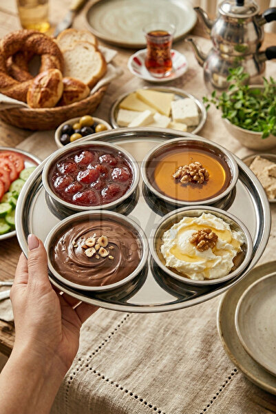 ÖzSa Home Orbit 5 Parça Çelik Kahvaltılık Tepsi Seti Reçellik Çerezlik Kahval...