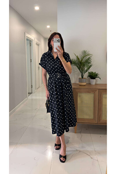 BİRCANÇİL Μαύρο και λευκό φόρεμα Bensira με πουά και λεπτομέρεια στη ζώνη, κο...