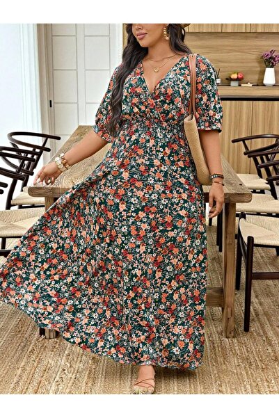 Iuliashop Cadria Long Green Floral Dress - Plus Sizes - 44