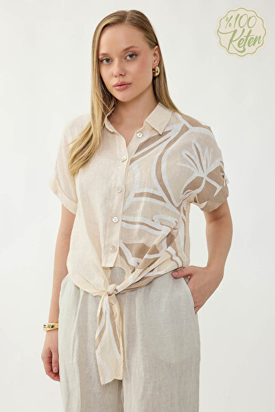 Vitrin 100% Linen Tie-Front Single-Sided Floral Pattern Short Sleeve Shirt