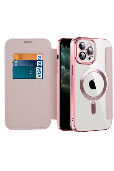 DAMUR Husă Flip MagSafe Apple iPhone 11 Pro Max, Slot Card RFID, Tip Carte, Roz