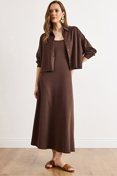 Olalook Women's Brown Top Shirt Inner Dress Flowy Set Tkm-19000479