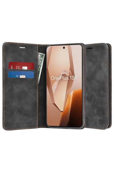 DAMUR Husa Flip LeatherEco OnePlus 13R, Buzunar Card, Piele ecologica, Negru