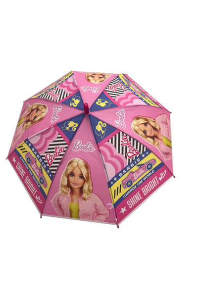 Matel Barbie Kids Umbrella - Pink Manual Open Rain Umbrella with Curved Handl...