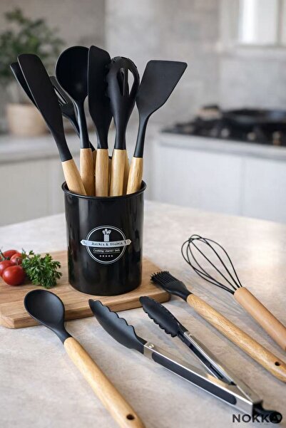 NOKKA 11 Parça Bambu Saplı Silikon Mutfak Seti Kaşıklıklı Isıya Dayanıklı Spa...