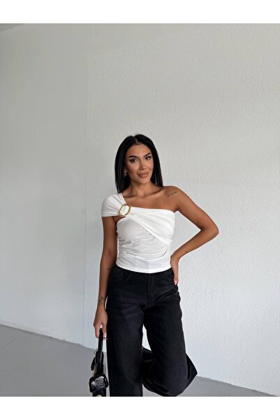 QUTTA Γυναικεία λευκή μπλούζα με έναν ώμο και αγκράφα από ύφασμα Sandy