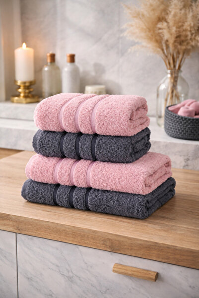 ÇARŞAF DÜNYASI Σετ 4 βαμβακερών πετσετών μπάνιου Ροζ-Ανθρακί (70x140) (50x70)