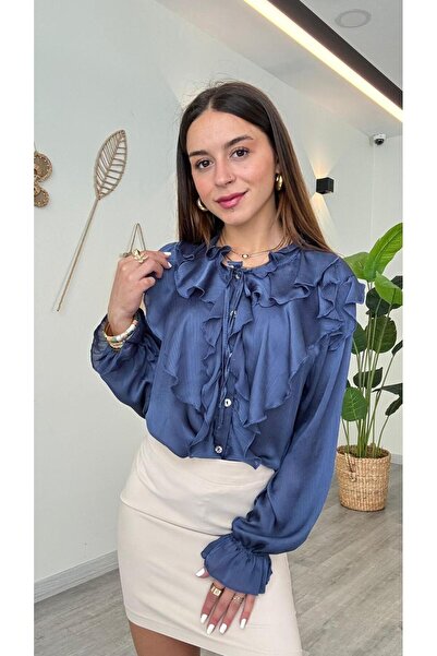 modadagiyim Γυναικείο πουκάμισο σιφόν με κορδόνια και βολάν στα μανίκια