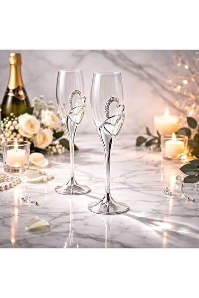 Azay Ποτήρια σαμπάνιας με διπλή καρδιά και κρύσταλλα, 25,5 εκ., πολυτελές κου...