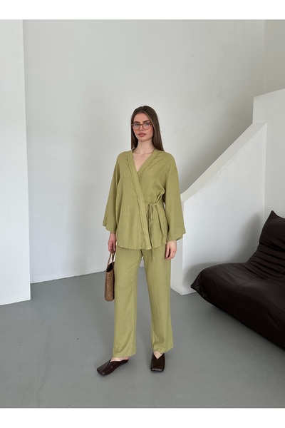 My Blog Σετ κιμονό από λινό ύφασμα με λεπτομέρεια χακί - 8373