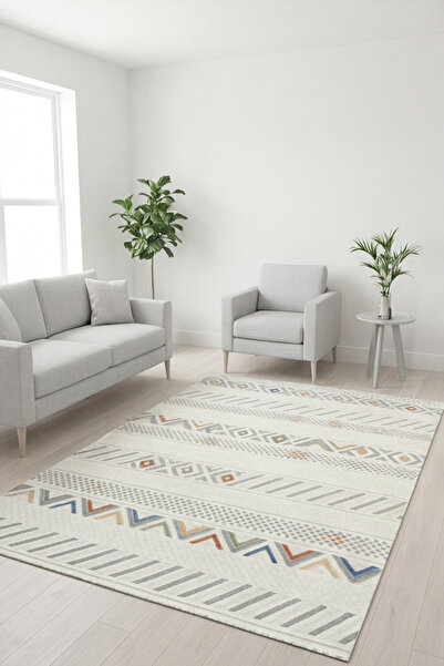 GECE HOME Dijital Kaymaz Baskılı Yıkanabilir Çizgi Desenli Salon Halısı Mutfa...