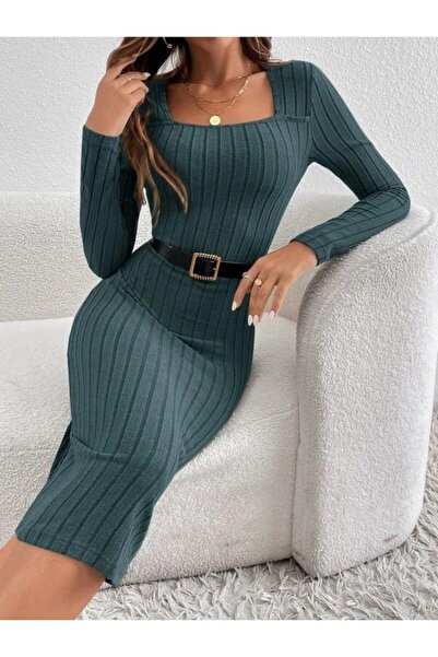 Iuliashop Rochie midi Kina Petrol Grey cu dungi în relief - S