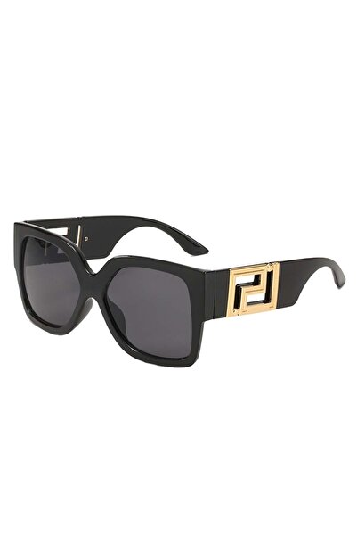 Tessero Luxury Women's Sunglasses, Glossy Black Frame, Gold Geometric Detail,...