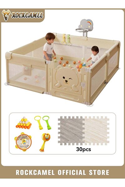 ROCKCAMEL Baby Playpen with 30pcs Wood Pattern Foam Floor Mats & 2 Musical Toys