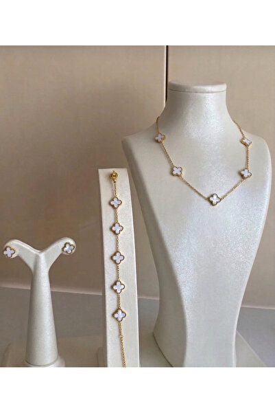 GUNESTAKI 316l Gold Beyaz Kolye,Küpe,Bileklik Seti Çelik Set 3lü