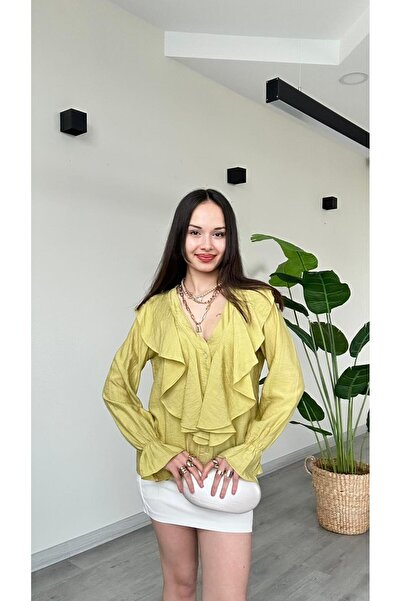 modadagiyim Λινό πουκάμισο με λαιμόκοψη V, λεπτομέρειες με κορδόνια και βολάν...