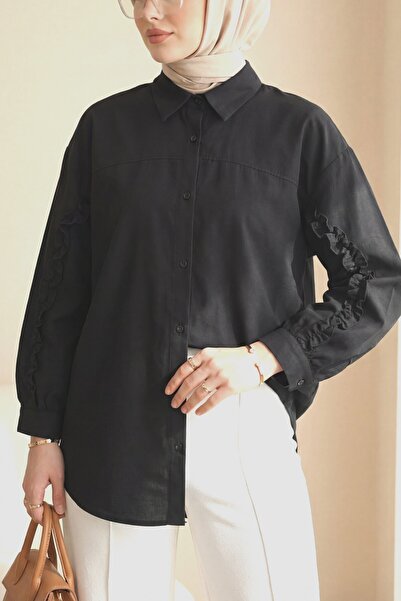 Modamorfo Πουκάμισο ποπλίνα με βολάν στα μανίκια και κουμπιά - μαύρο