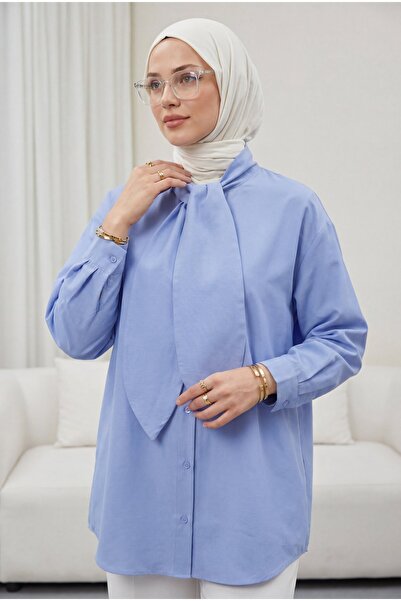 Modamorfo Πουκάμισο Ποπλίνα Oversize με Γραβάτα στο Γιακά και Κουμπιά - Μπλε ...